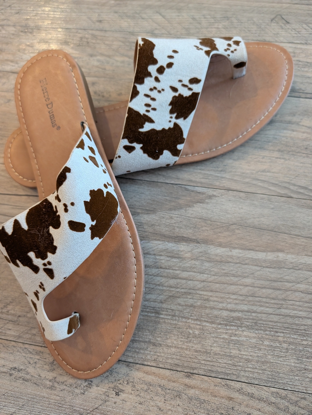 Pierre Dumas Brown & White Cow Print Slide Sandals